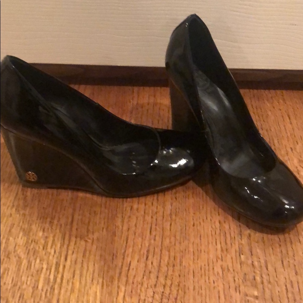 Tory Burch black patent wedges